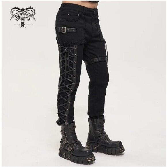 NWT Devil Fashion Mens Goth Punk Biker Grunge Side Lacing Size Small Jeans Black - Picture 1 of 16